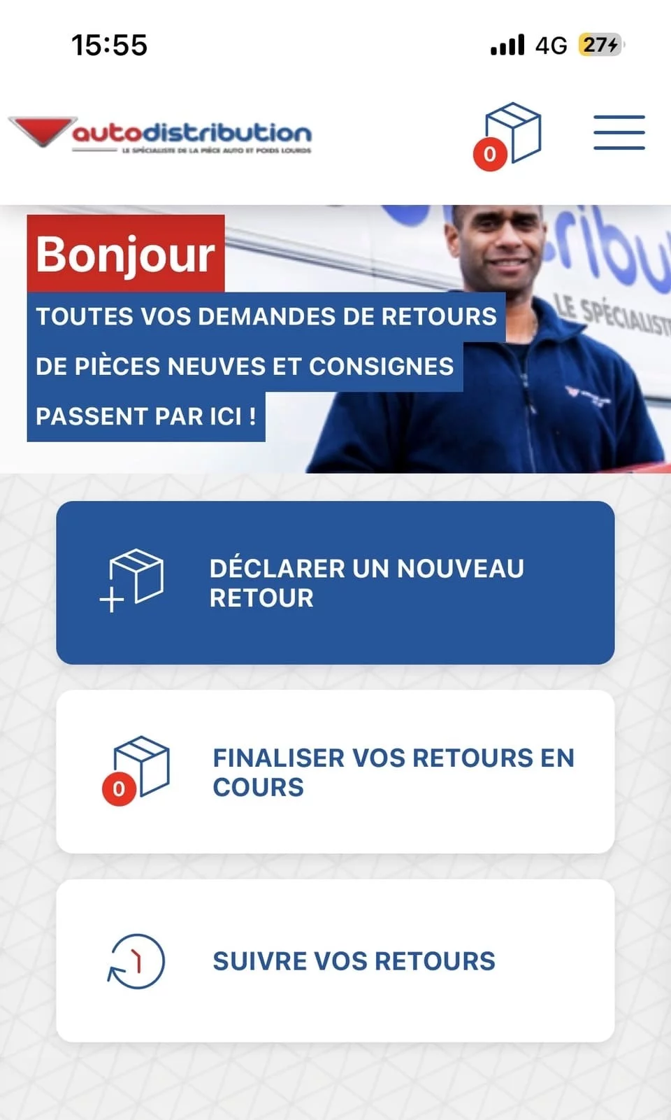 capture 1 du site "application retours" pour article retours pièces chez APA